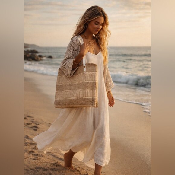 Handbags - Summer Boho Woven Straw Raffia Bag Stylish Tan and White Tote Bag Stripe Beach